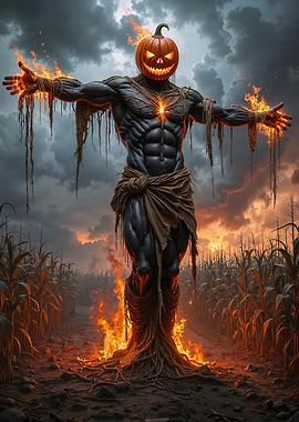 Scarecrow Pumpkin Man on Fire