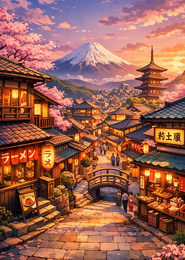 Traditional Japanese Street with Mount Fuji