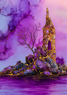 Mystical Stone Tower Purple Sky