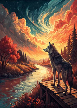 Wolf on a Dock Overlooking a River
