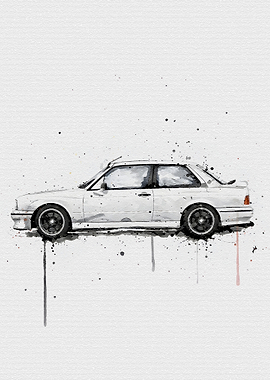 White BMW E30 M3 Watercolor Art