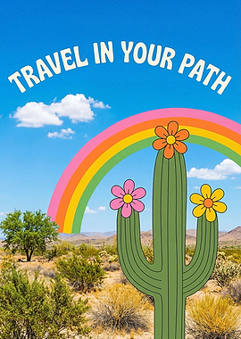 Retro Desert Cactus Rainbow Travel Poster