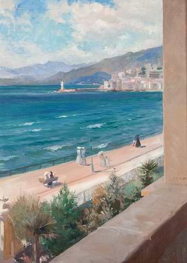 Seaside Promenade with Town and Lighthouse