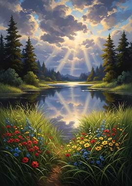 Serene Lakeside Landscape with Sunbeams