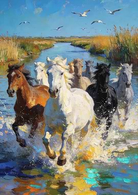 Horses Running Through Water