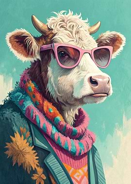 Stylish Cow Wearing Sunglasses and Scarf