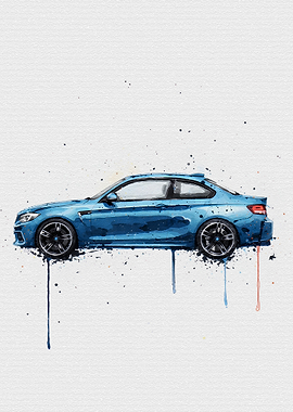 Blue Sports Car Watercolor Splash Art
