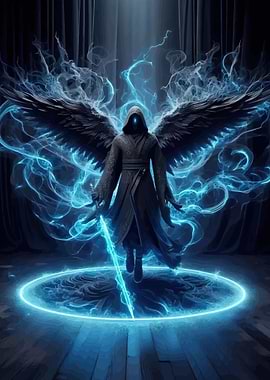 Mysterious Angelic Warrior with Glowing Sword