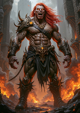 Furious Warrior in Fiery Landscape