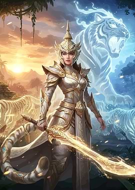 Warrior Woman with Spirit Tigers