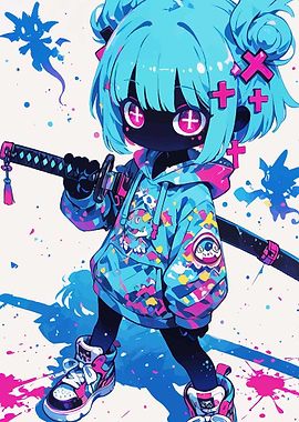 Anime Girl with Katana and Hoodie