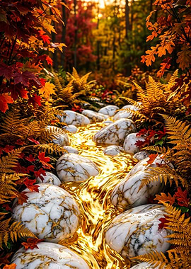 Golden Stream in Autumn Forest