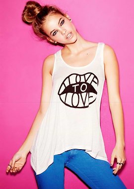 Barbara Palvin in White Tank Top with Lips Graphic