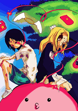 Two anime characters with red ribbons