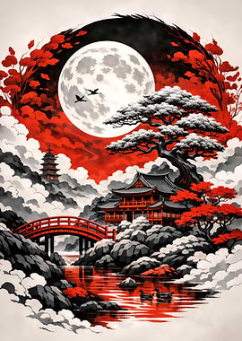 Japanese Landscape with Moon and Pagoda