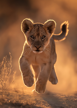Lion cub running in golden light