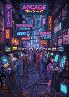 Retro Arcade Scene with Neon Lights