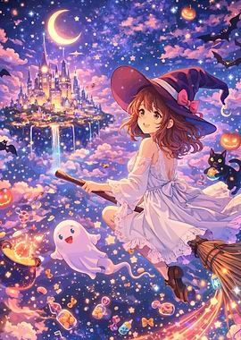 Anime Witch Flying on Broomstick