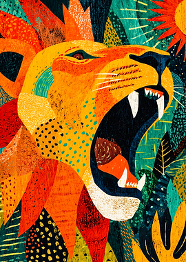 Vibrant Roaring Lion Patterned Collage
