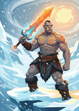 Orc Warrior with Fiery Sword in Snow