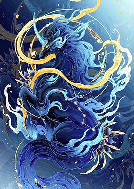 Mystical Blue Unicorn with Golden Swirls