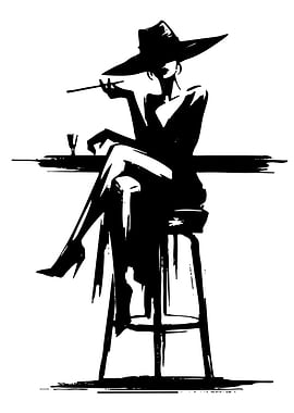 Woman in Hat Smoking at Bar