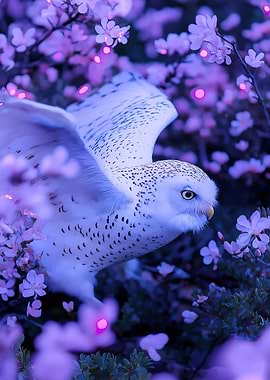 Snowy Owl Among Purple Flowers