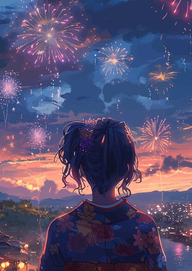 Girl in Kimono Watching Fireworks