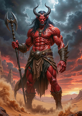 Muscular Red Demon Warrior in Desert