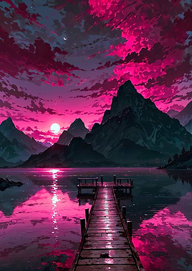 Vibrant Pink Mountain Lake Sunset