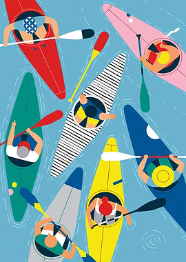 Kayakers in colorful boats