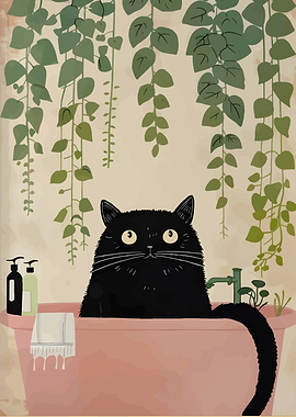 Black Cat in Bathtub with Plants