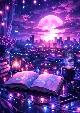 Anime Cityscape with Open Book and Coffee
