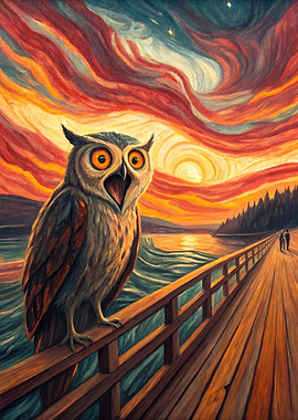 Screaming Owl on a Pier at Sunset