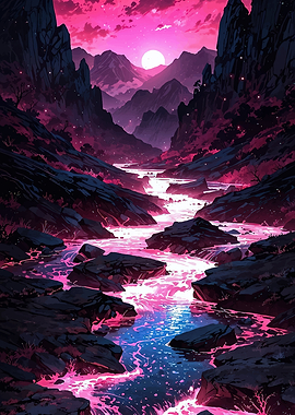 Vibrant Pink River Valley at Sunset