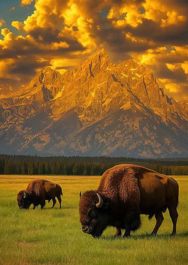 Bison in front of Grand Teton Mountains