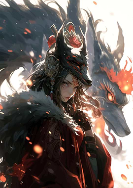 Woman in Wolf Mask with Wolf Companion