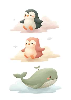 Cute cartoon animals on clouds