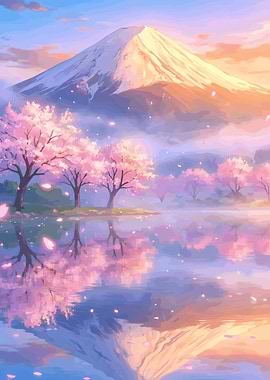 Mount Fuji Sakura Sunrise Reflection Japanese
