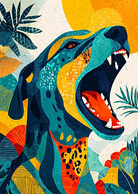 Vibrant Roaring Dog Patterned Collage