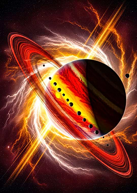 Fiery Planet with Rings and Moons