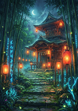 Mystical Japanese Temple in Bamboo Forest