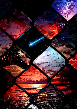 Anime Sunset Over Ocean Through Fence