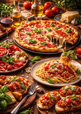 Italian Feast with Pizza and Pasta