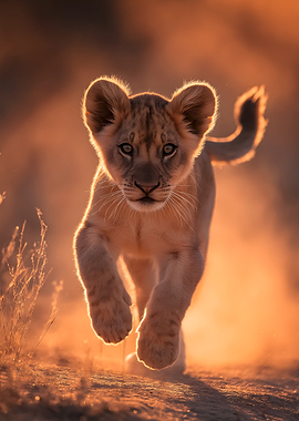 Lion cub running in golden light