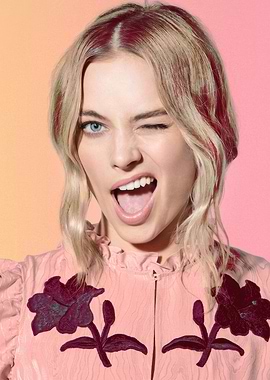 Margot Robbie winking with pink dress