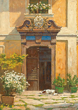 Dog Sleeping by a Doorway with Flowers