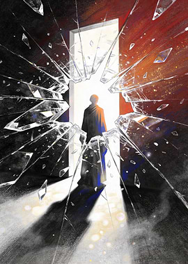 Figure emerging from shattered doorway