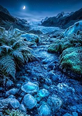 Frozen Glacier Stream Under Moonlight