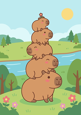 Stack of Cute Capybaras in Nature
